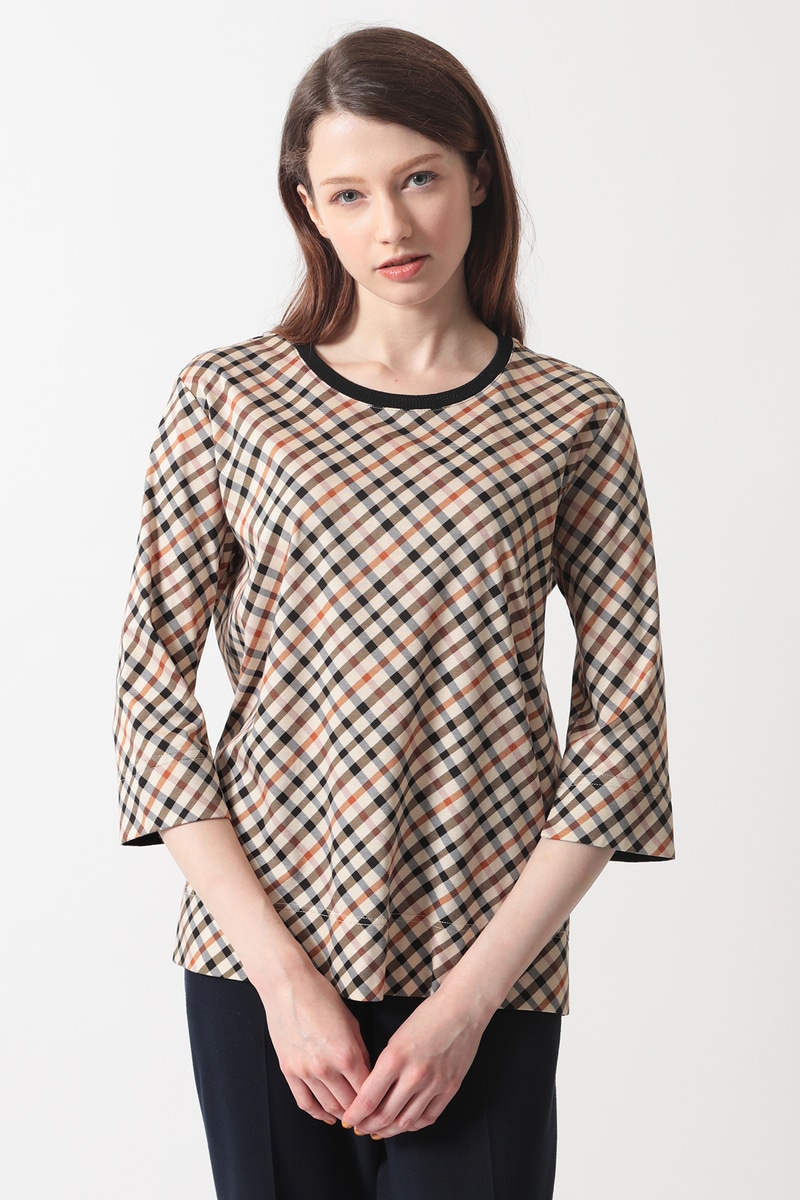 チェックプリント七分袖Tシャツ