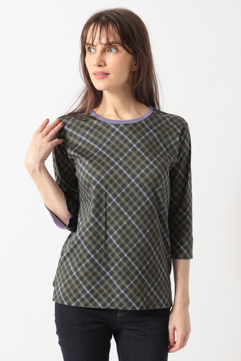 チェックプリント七分袖Tシャツ
