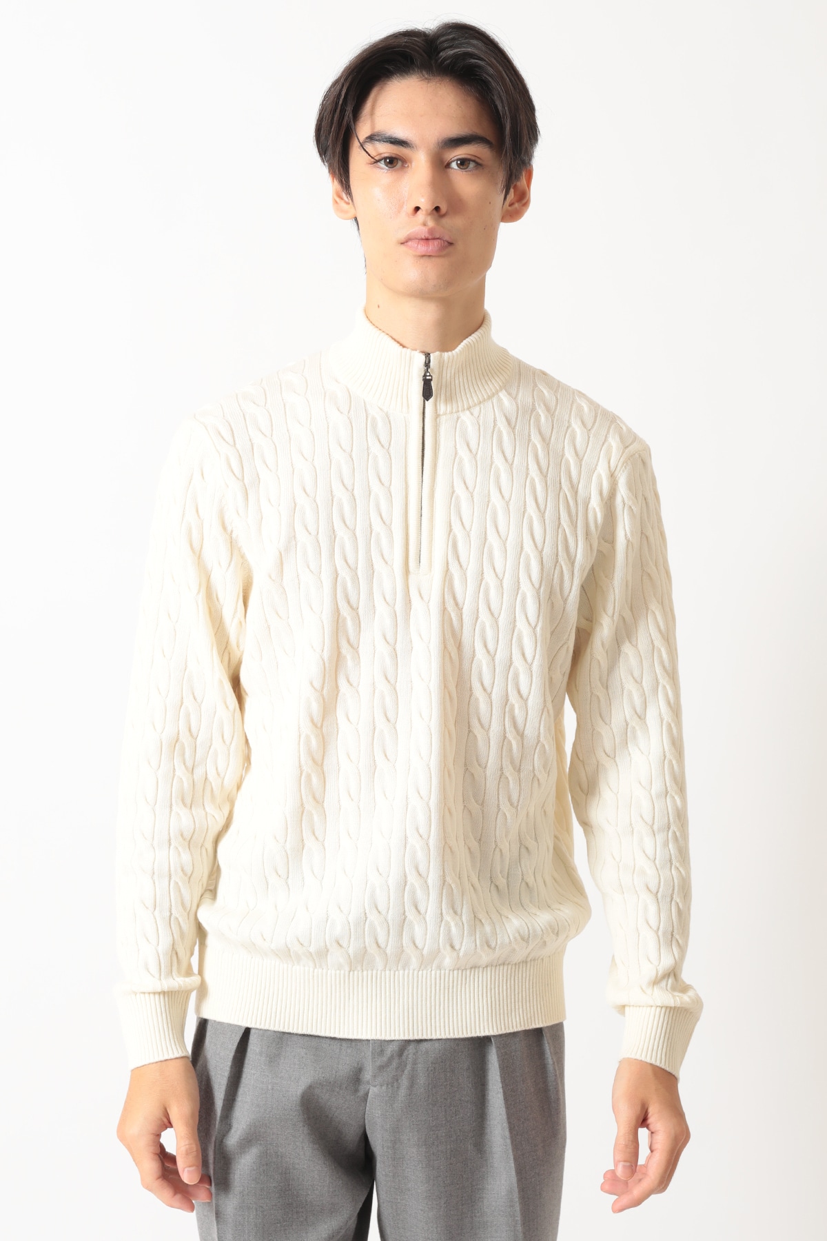 メリノウール ケーブルジップアップニット 詳細画像 ホワイト 1