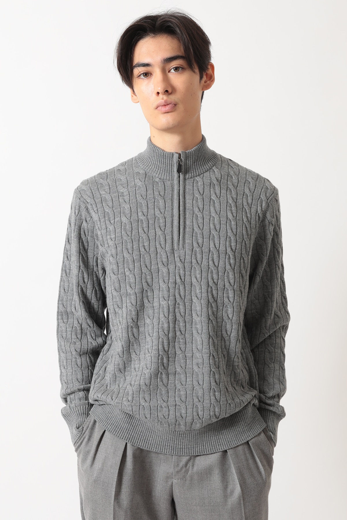 メリノウール ケーブルジップアップニット 詳細画像 グレー 2