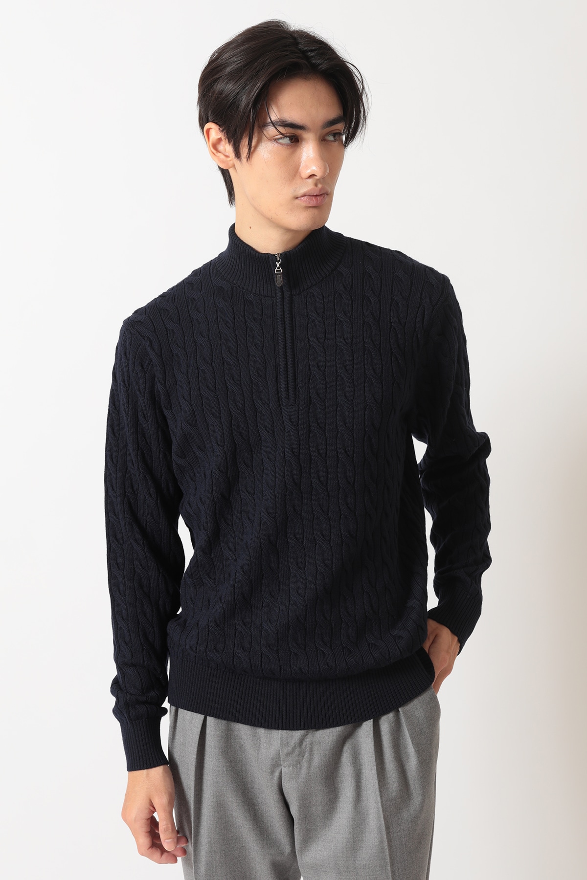 メリノウール ケーブルジップアップニット 詳細画像 ネイビー 1