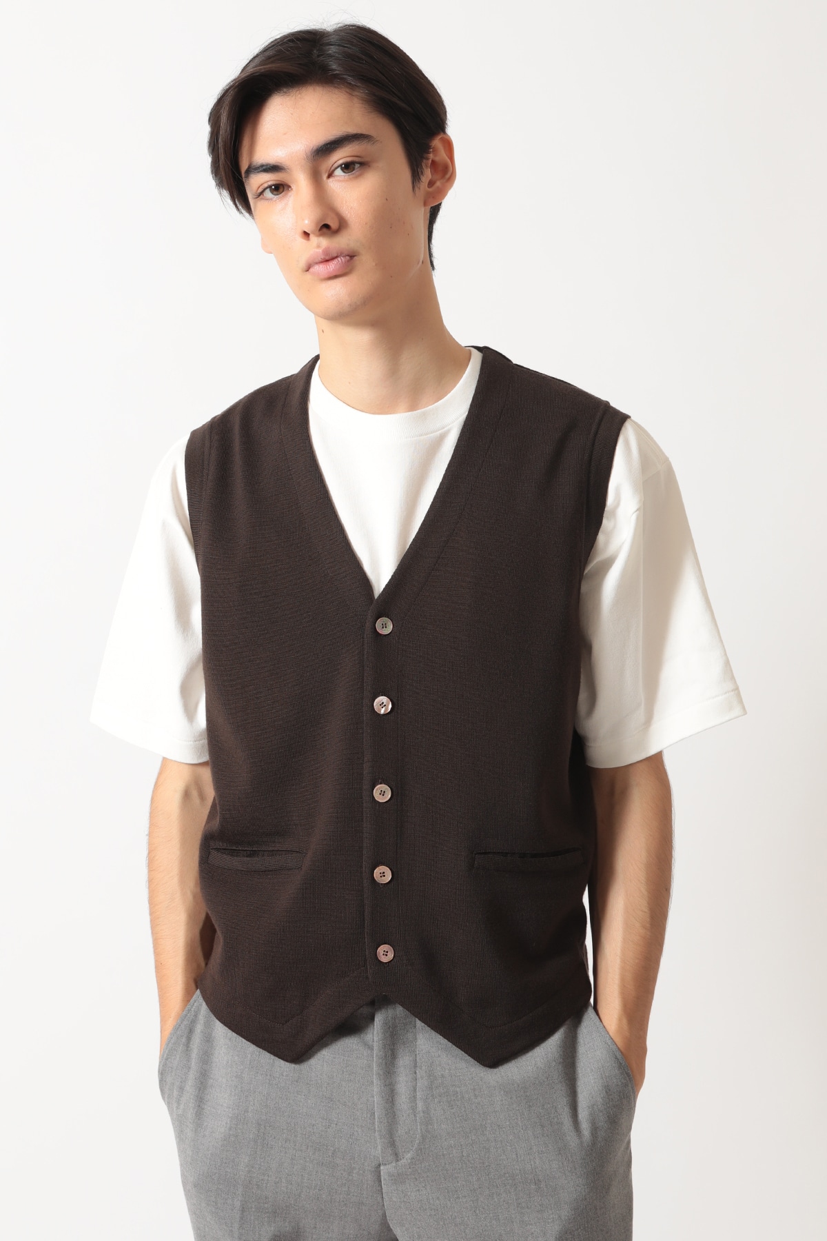 スーパーファインメリノ コンビネーションニットベスト 詳細画像 ブラウン 1