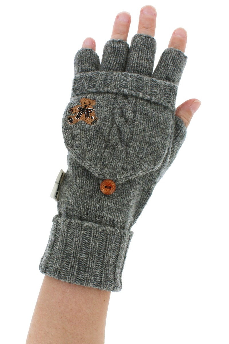 【WOMEN】ベア刺繍 フード付き 2WAYニット手袋 詳細画像 グレー