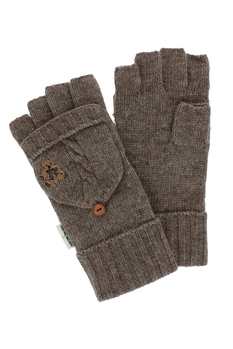 【WOMEN】ベア刺繍 フード付き 2WAYニット手袋 詳細画像 ブラウン
