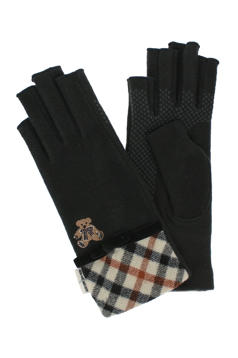 JS 【WOMEN】タータンチェックベア刺繍指先カットジャージ手袋
