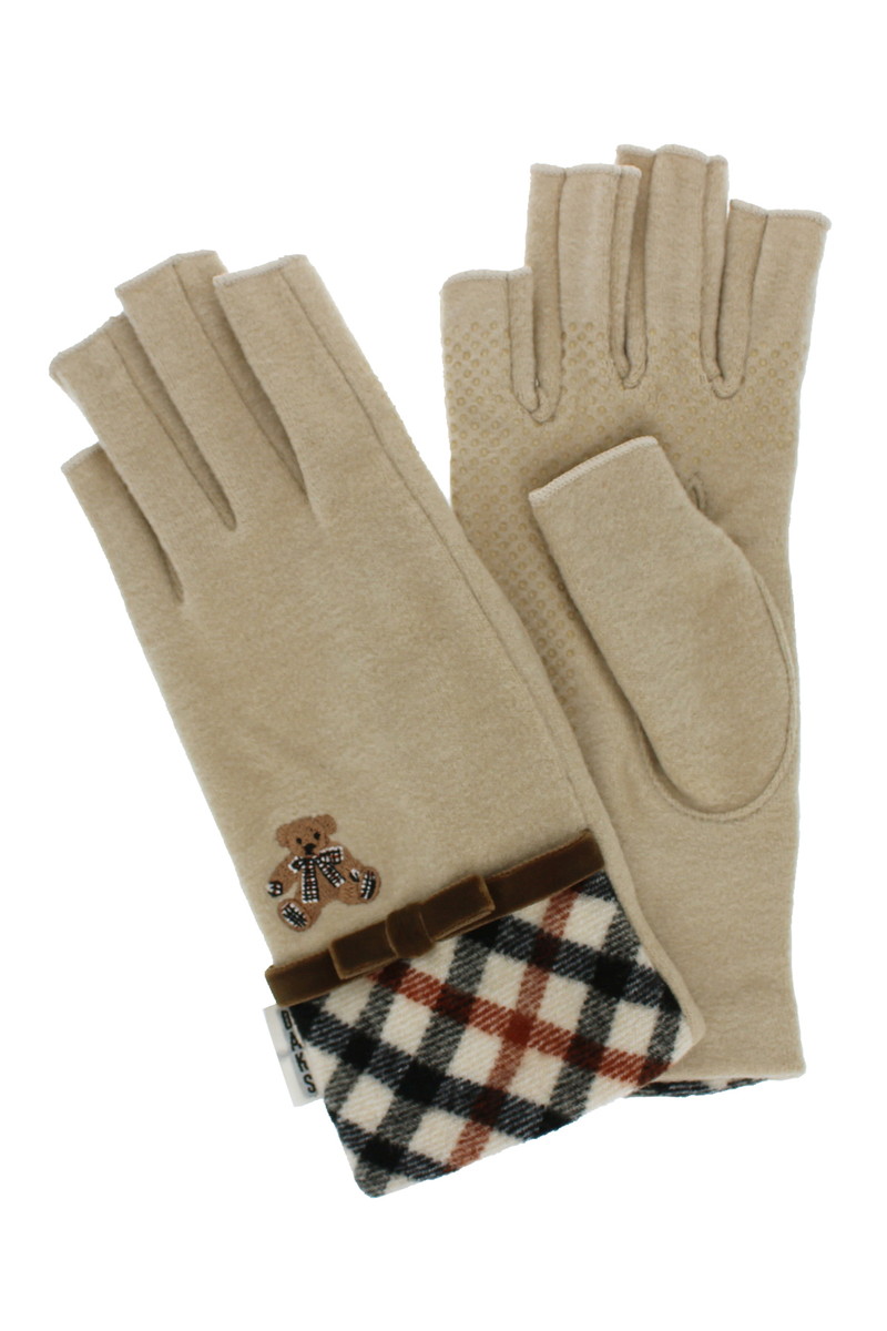 JS 【WOMEN】タータンチェックベア刺繍指先カットジャージ手袋