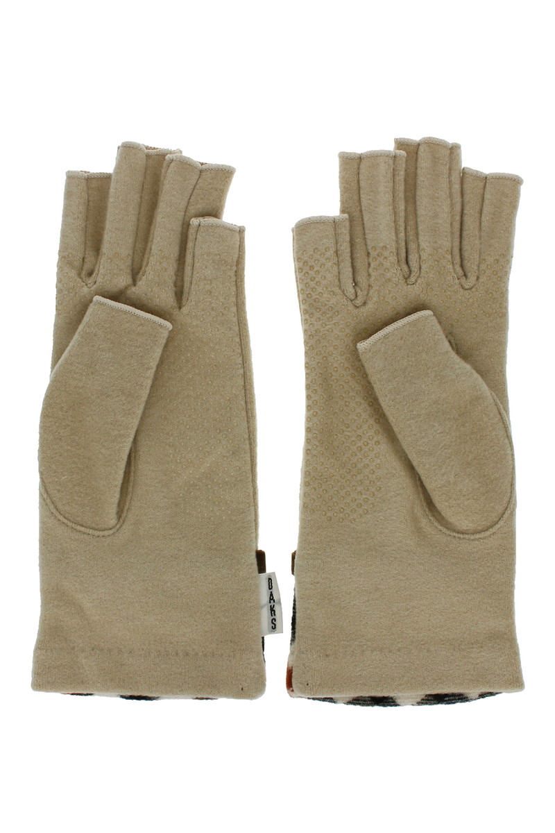 【WOMEN】タータンチェックベア刺繍指先カットジャージ手袋 詳細画像 ベージュ