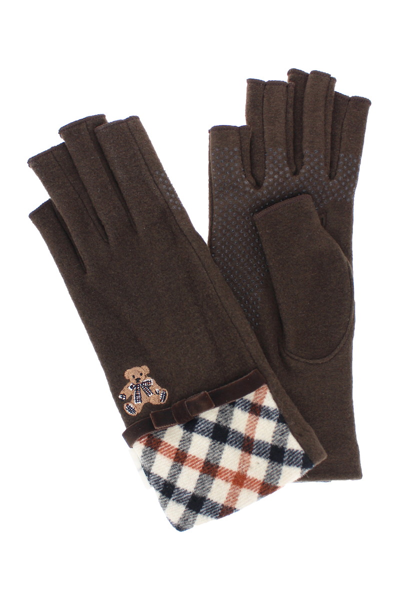 JS 【WOMEN】タータンチェックベア刺繍指先カットジャージ手袋