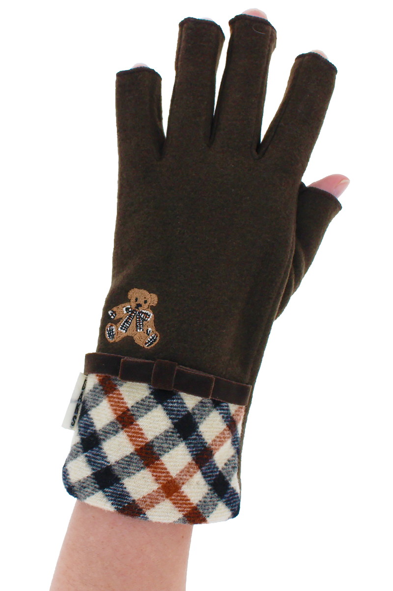 【WOMEN】タータンチェックベア刺繍指先カットジャージ手袋 詳細画像 ブラウン