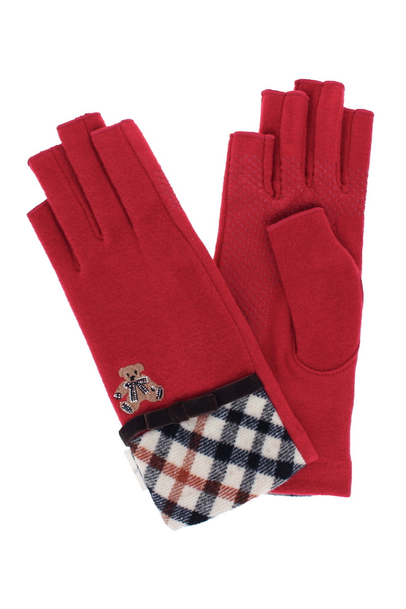 JS 【WOMEN】タータンチェックベア刺繍指先カットジャージ手袋