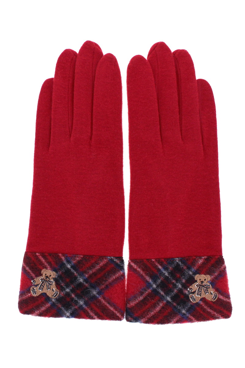 【WOMEN】タータンチェックベア刺繍ジャージ手袋 詳細画像 レッド