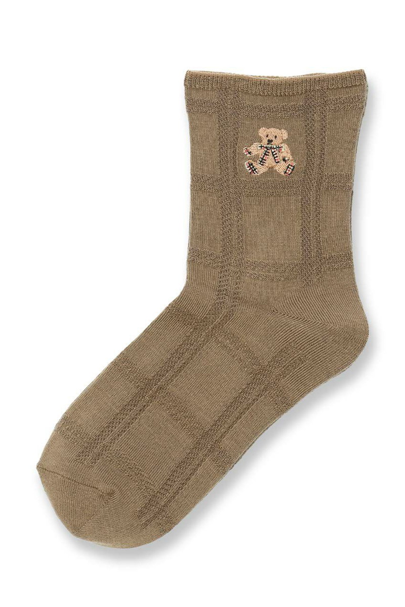 JS 口ゴムゆったり レーヨンシルク混 リンクスベア刺繍 クルー丈ソックス