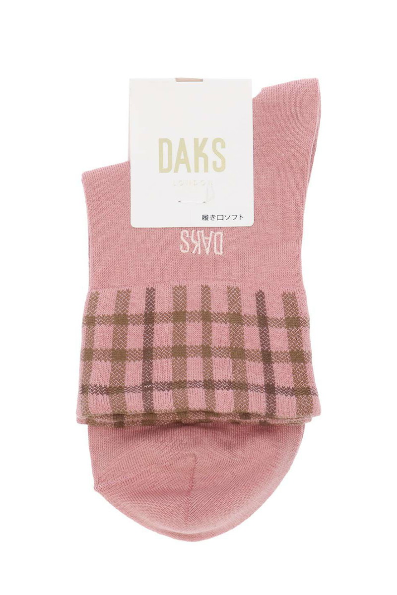 口ゴムゆったり チェック＆ロゴ刺繍 クルー丈ソックス 詳細画像 ピンク