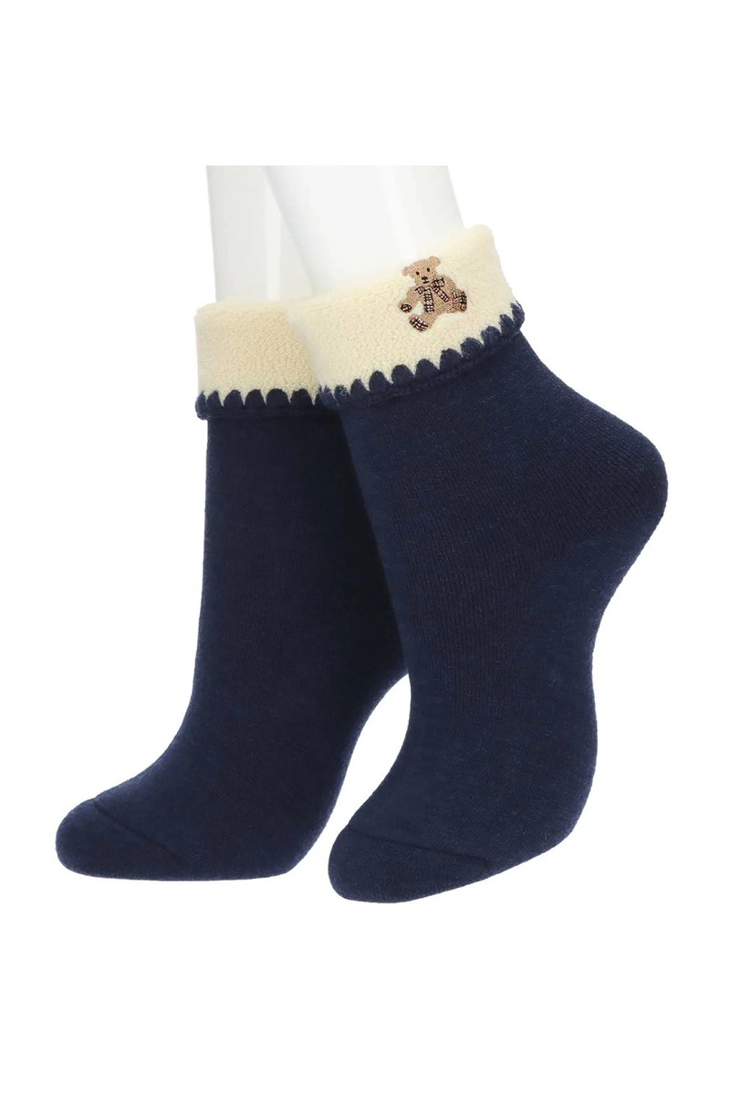 総パイル 折り返し ルームソックス（ベア刺繍・あったか素材） 詳細画像 ネイビー