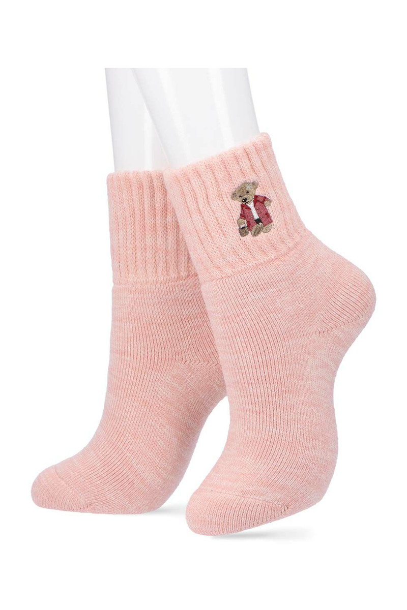 内起毛 総パイル ルームソックス（杢調ベア刺繍・履き口ゆったり） 詳細画像 ピンク