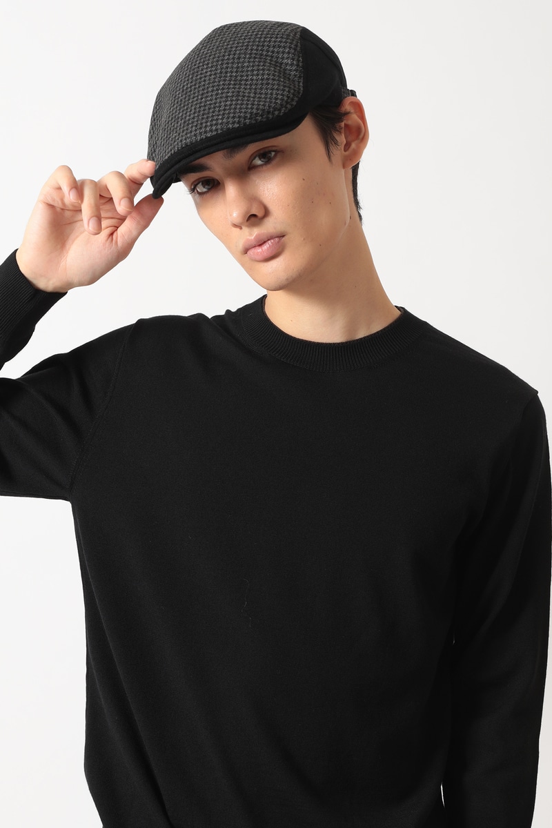 ウール千鳥格子 ハンチング ロゴプレート付 詳細画像 ブラック