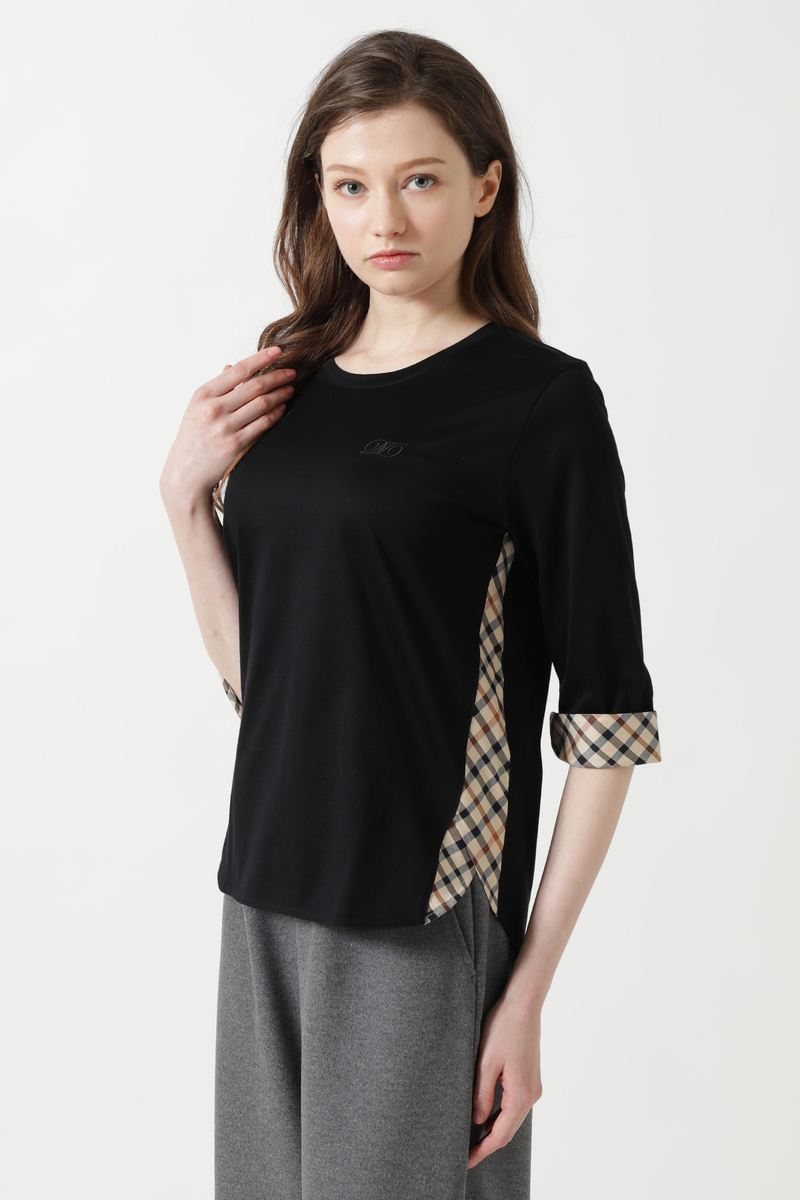 GIZA綿サイドチェック7分袖Tシャツ 詳細画像 ブラック