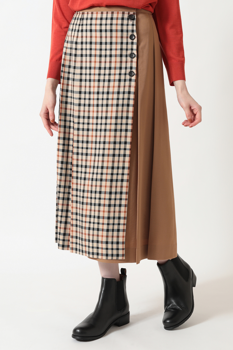 JS 【保温・通気性】ウールビエラ アシメ切替 ラッププリーツスカート