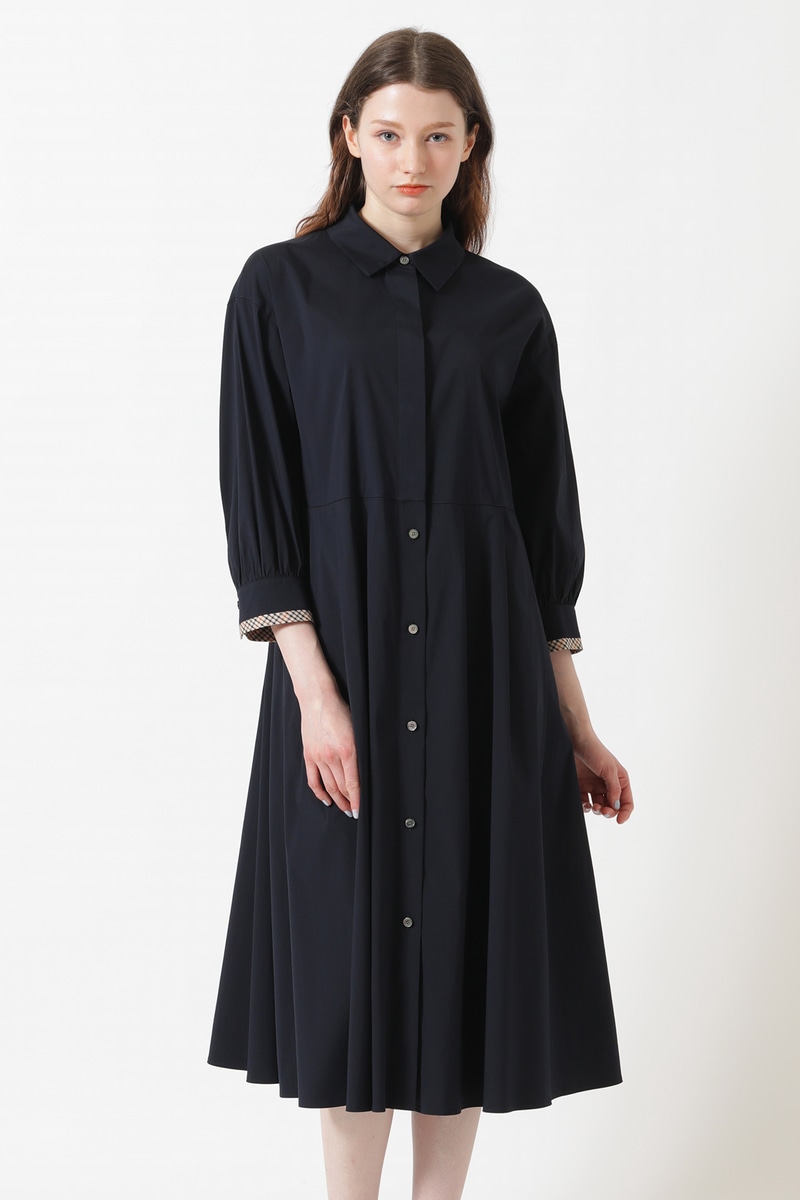 綿ナイロンハイストレッチ ハウスチェックアクセント シャツワンピース 詳細画像 ネイビー