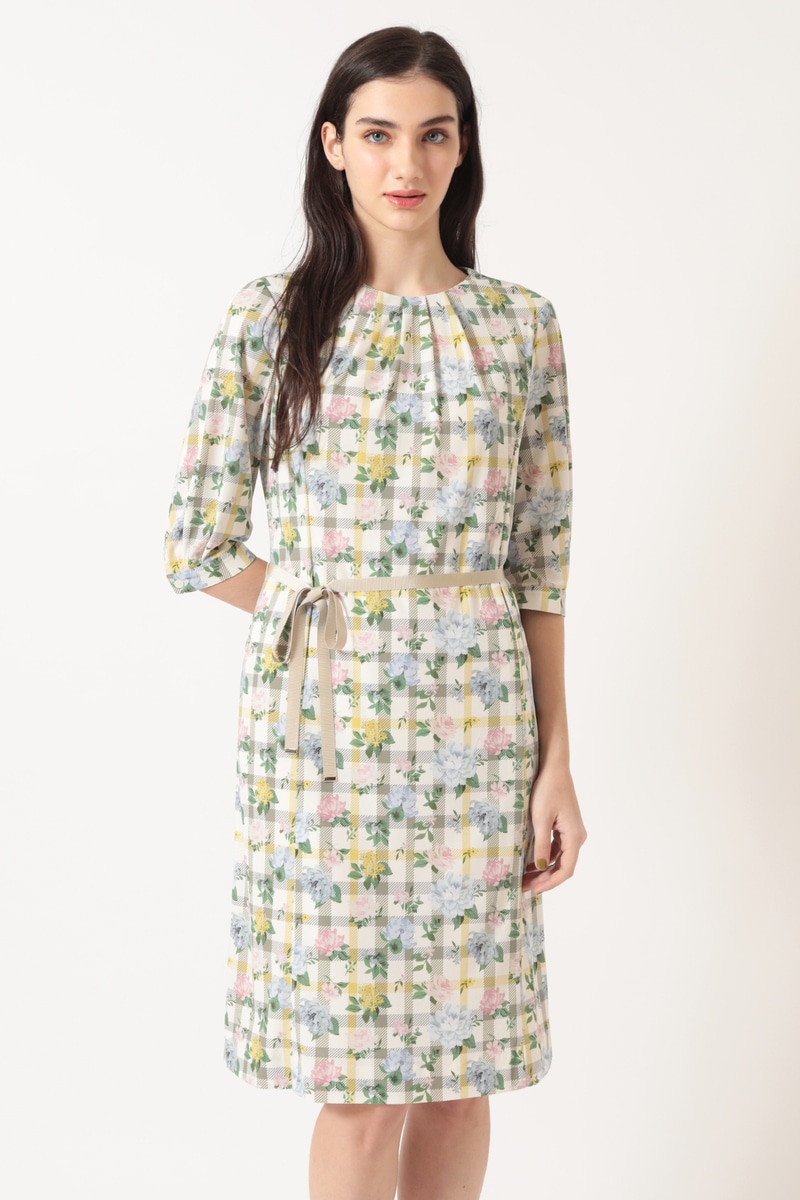 JS フラワープリント×ハウスチェック スムースワンピース