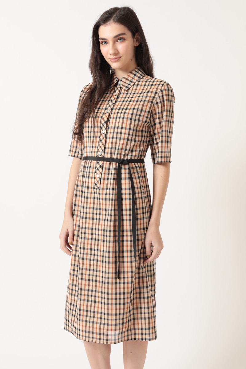 JS コットンボイル ハウスチェック タックフレアワンピース