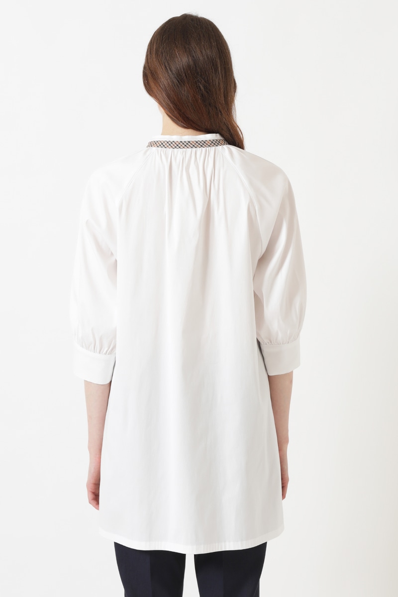 綿ナイロンハイストレッチ ハウスチェックアクセント チュニックブラウス 詳細画像 スノーホワイト