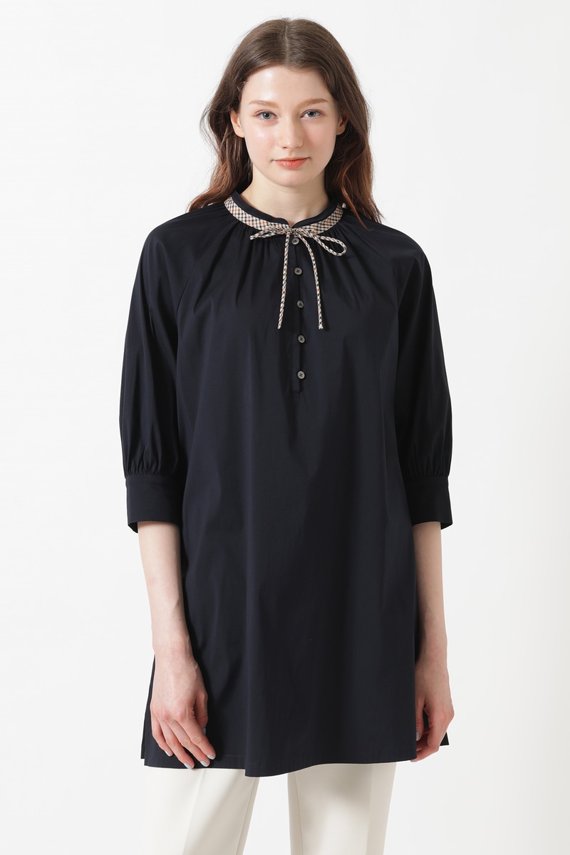 綿ナイロンハイストレッチ ハウスチェックアクセント チュニックブラウス 詳細画像 ネイビー