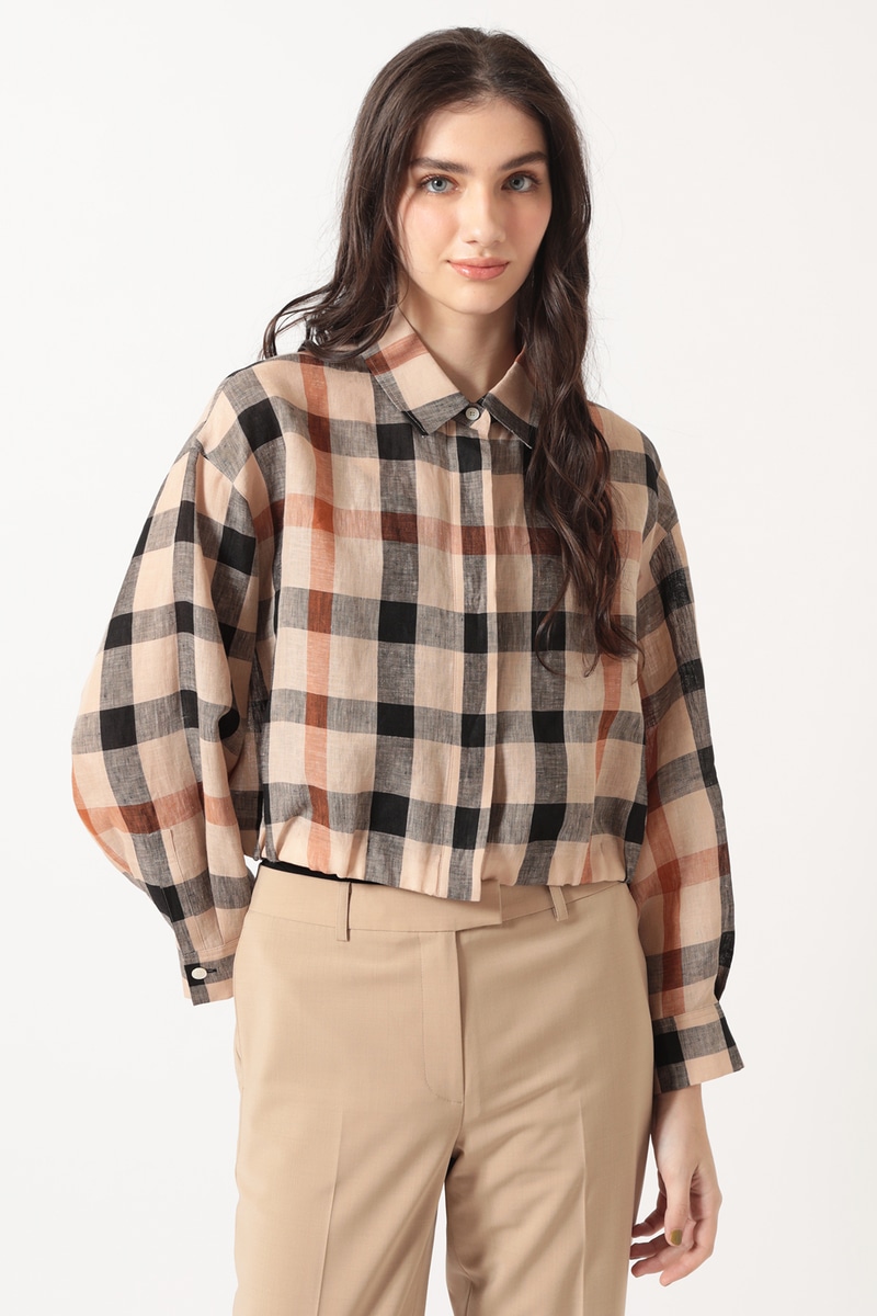 JS リネン ビッグハウスチェック ドロップショルダー ショートシャツ