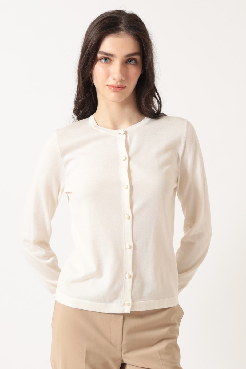 JS キュプラ混クルーネックカーディガン ミニフリル袖