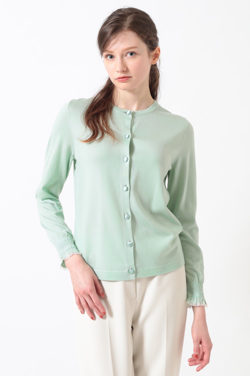 JS キュプラ混クルーネックカーディガン ミニフリル袖