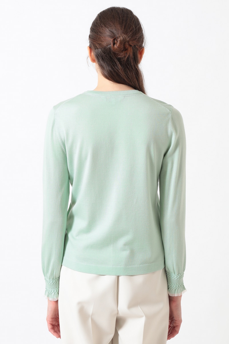 キュプラ混クルーネックカーディガン ミニフリル袖 詳細画像 シルトグリーン