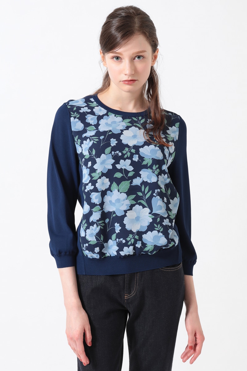 JS フローラルプリントコンビ クルーネックプルオーバー
