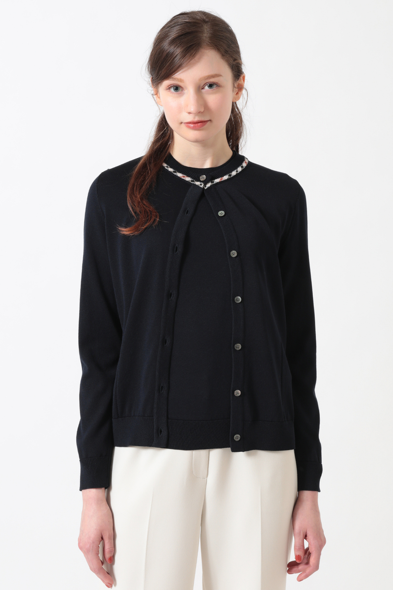 綿ポリエステル ハウスチェックジャカード カーディガン 詳細画像 ネイビー