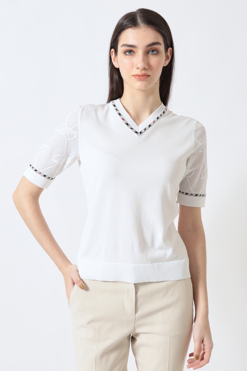 JS コットン混ストレッチ ロゴメッシュスリーブ Vネックプルオーバー