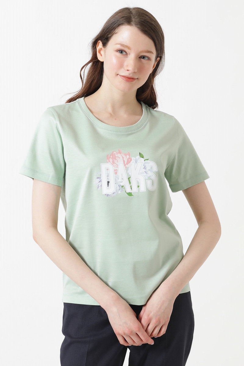 ギザコットン天竺 フラワーモチーフ＆ロゴ Tシャツ 詳細画像 シルトグリーン