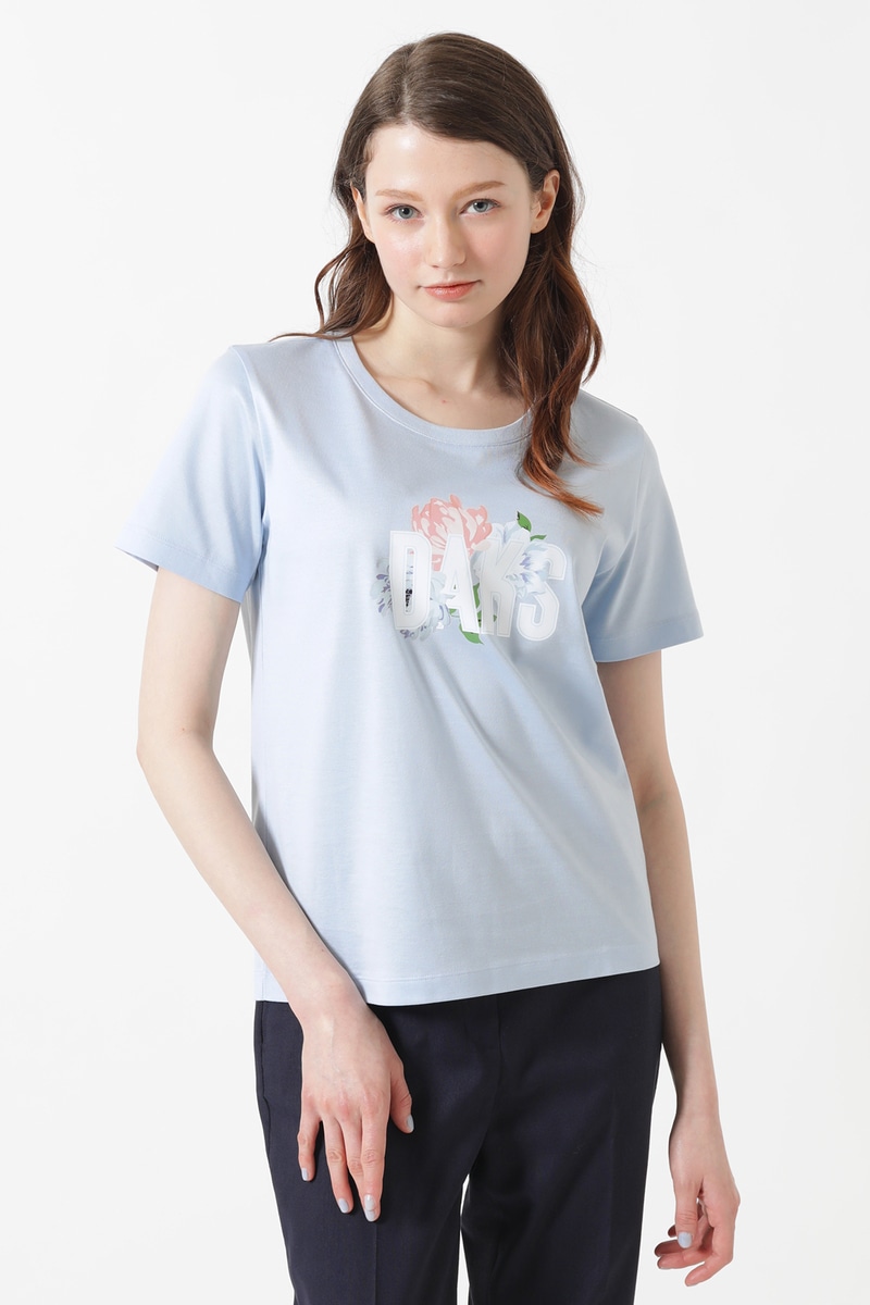 ギザコットン天竺 フラワーモチーフ＆ロゴ Tシャツ 詳細画像 カシミヤブルー