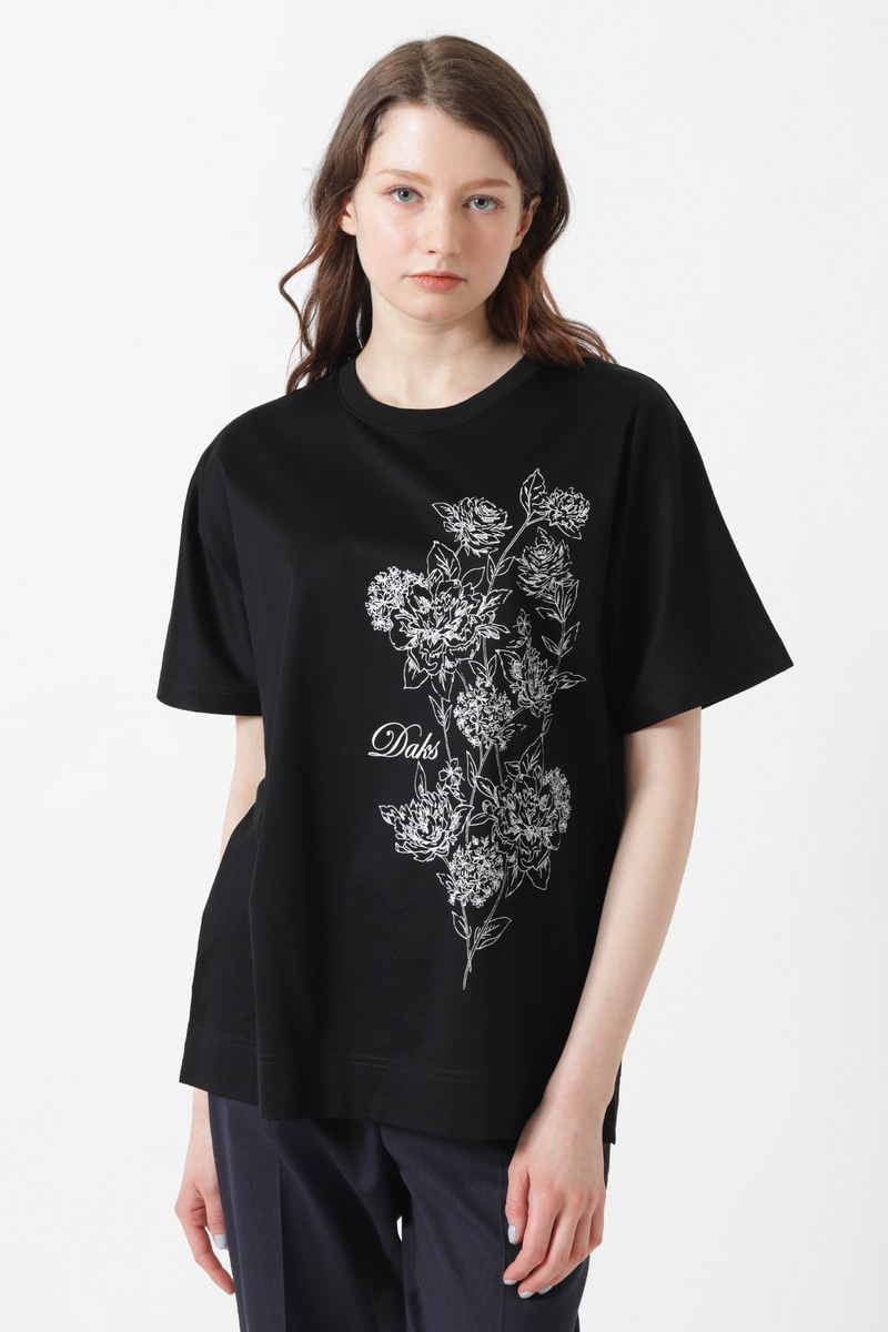 ギザコットン天竺 ラインアートフラワー ドルマンTシャツ 詳細画像 ブラック