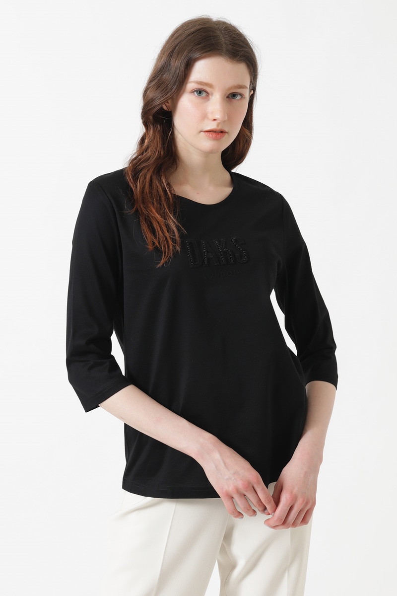 ギザコットン天竺 パール＆ふくれ刺繍ロゴ Tシャツ 詳細画像 ブラック