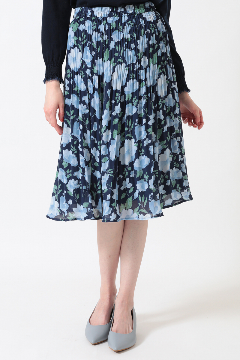 フローラルプリント Aライン プリーツスカート 詳細画像 ネイビー