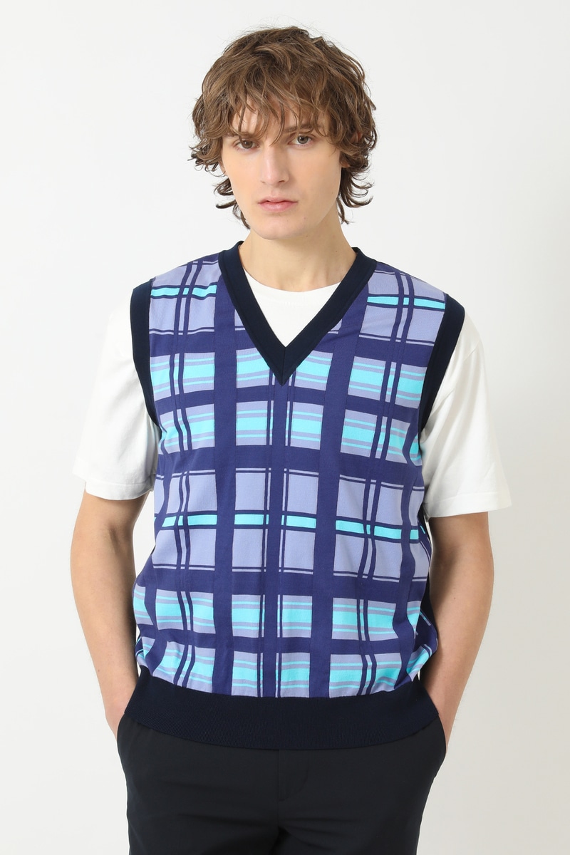 50周年チェック コンパクトコットン Vネックベスト 詳細画像 50thブルーチェック