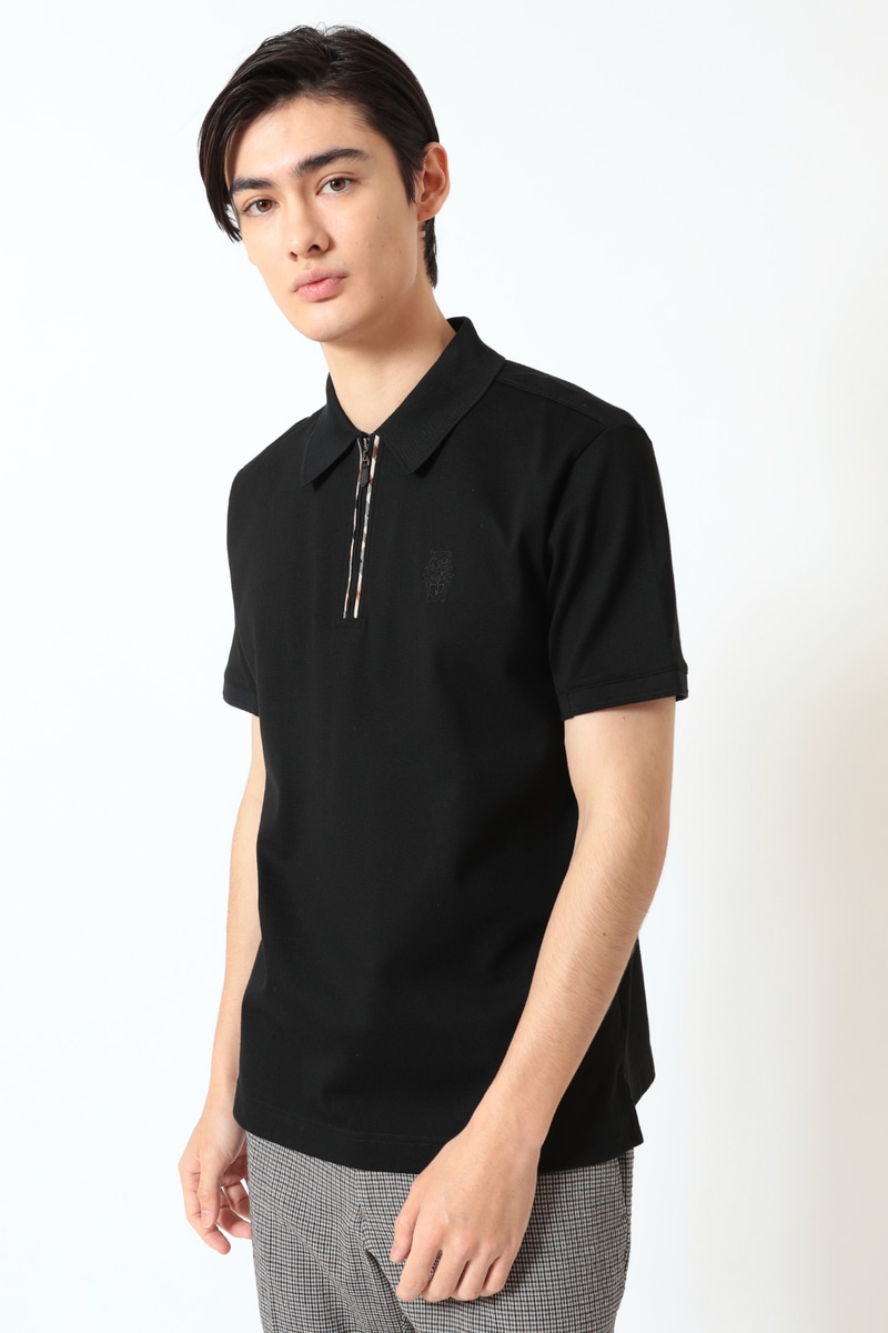 フロントジップ ハウスチェックパイピング ポロシャツ 詳細画像 ブラック
