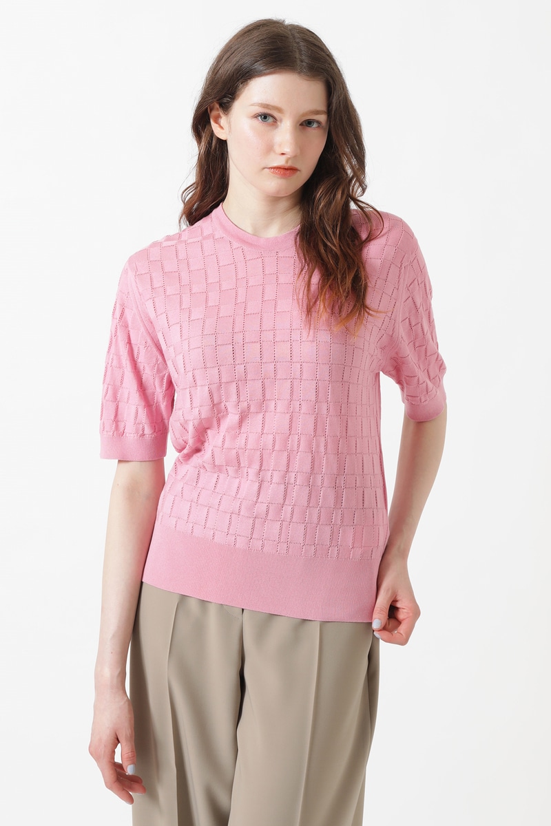 JOHN SMEDLEY FOR DAKSコットン アイレットチェック 半袖ニット 詳細画像 ピンク