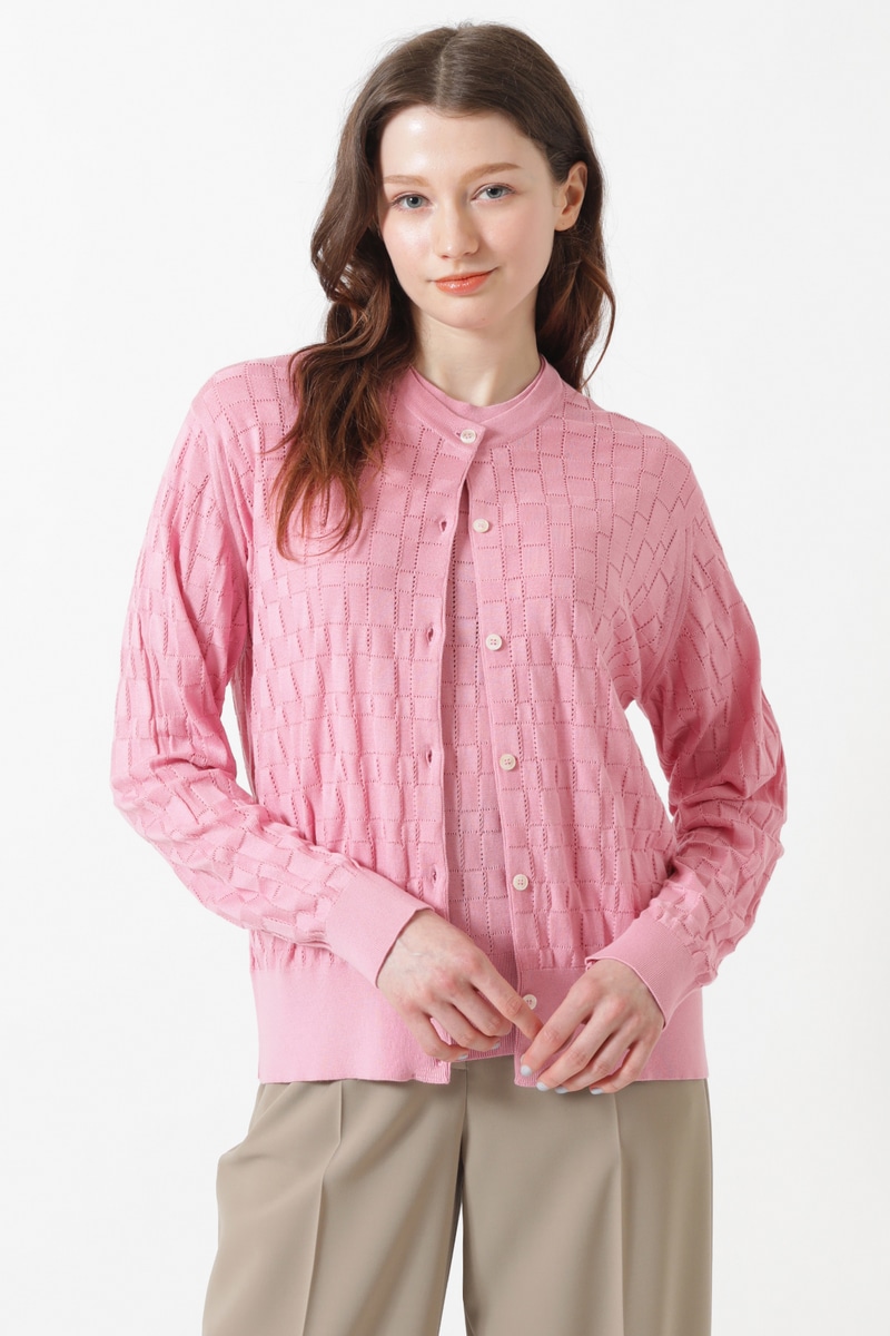 JOHN SMEDLEY FOR DAKSコットン アイレットチェック カーディガン 詳細画像 ピンク