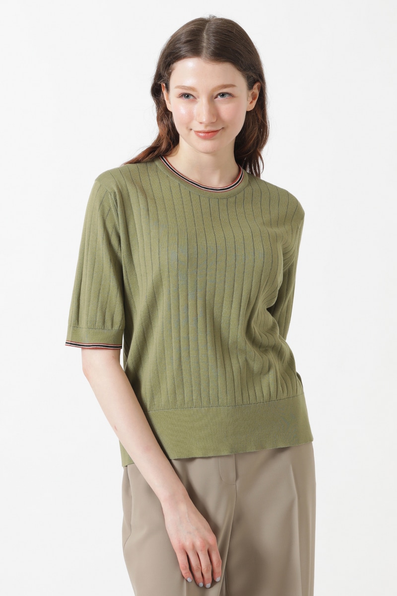 JOHN SMEDLEY FOR DAKSコットン 配色ライン 半袖リブニット 詳細画像 シーグラス