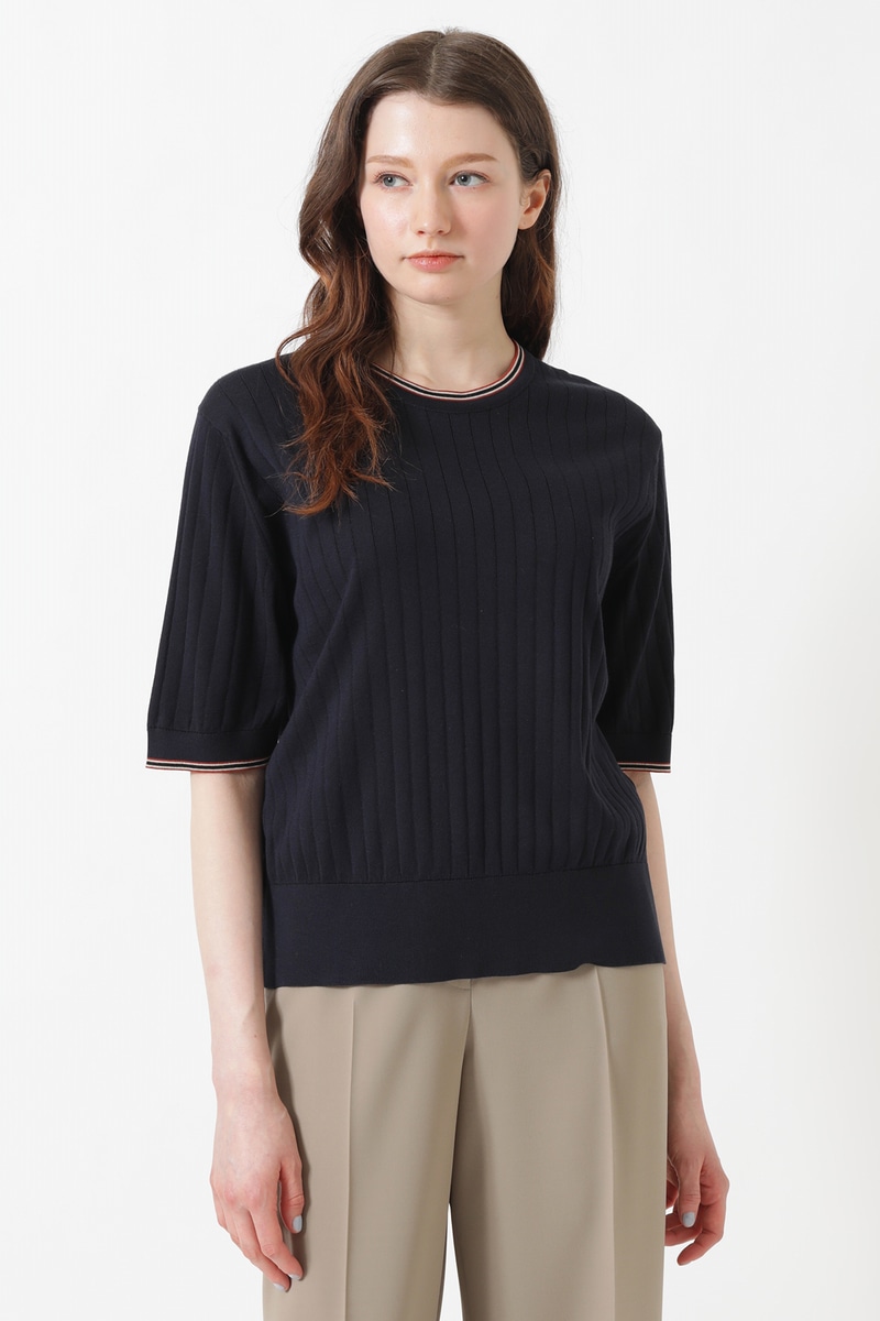 JOHN SMEDLEY FOR DAKSコットン 配色ライン 半袖リブニット 詳細画像 ネイビー