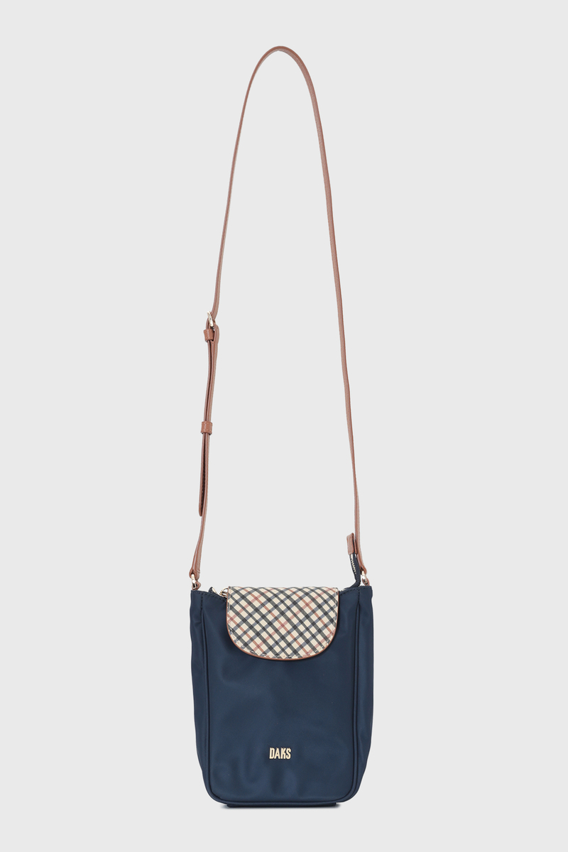 ナイロン&times;牛革 ハウスチェック 縦型ショルダーバッグ 詳細画像 ネイビー