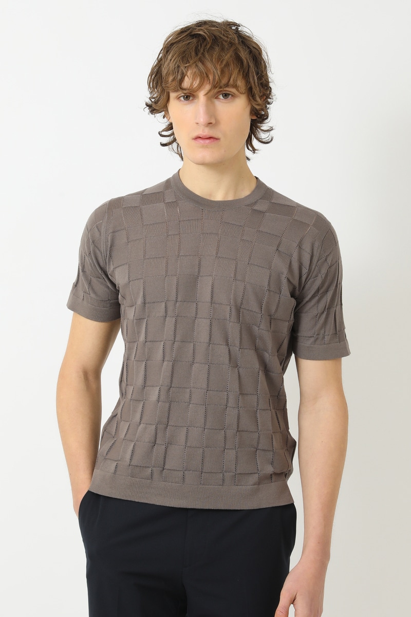 JOHN SMEDLEY FOR DAKSコットン アイレットチェック半袖ニット 詳細画像 モカ