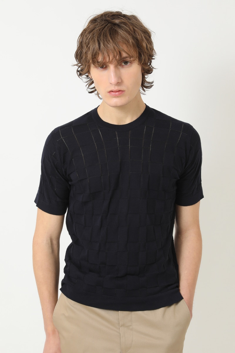 JOHN SMEDLEY FOR DAKSコットン アイレットチェック半袖ニット 詳細画像 ネイビー