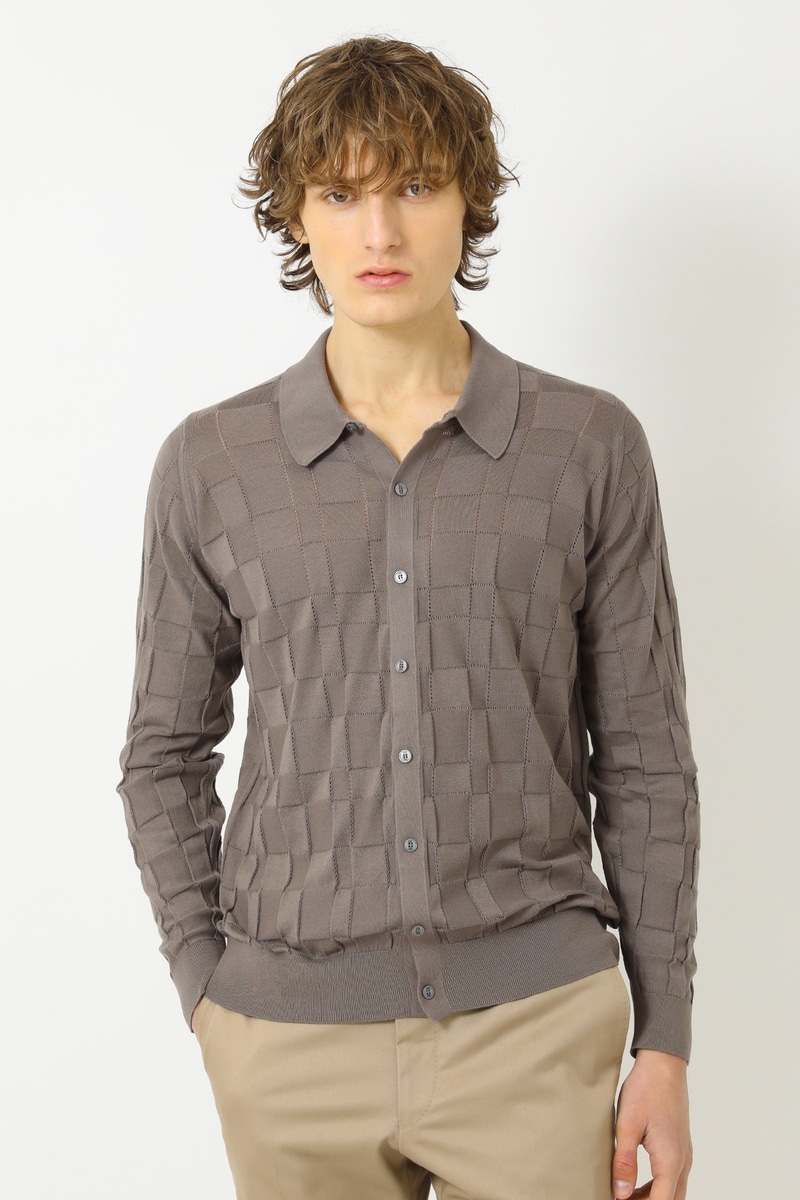 JOHN SMEDLEY FOR DAKSコットン アイレットチェック前開き長袖ニット 詳細画像 モカ