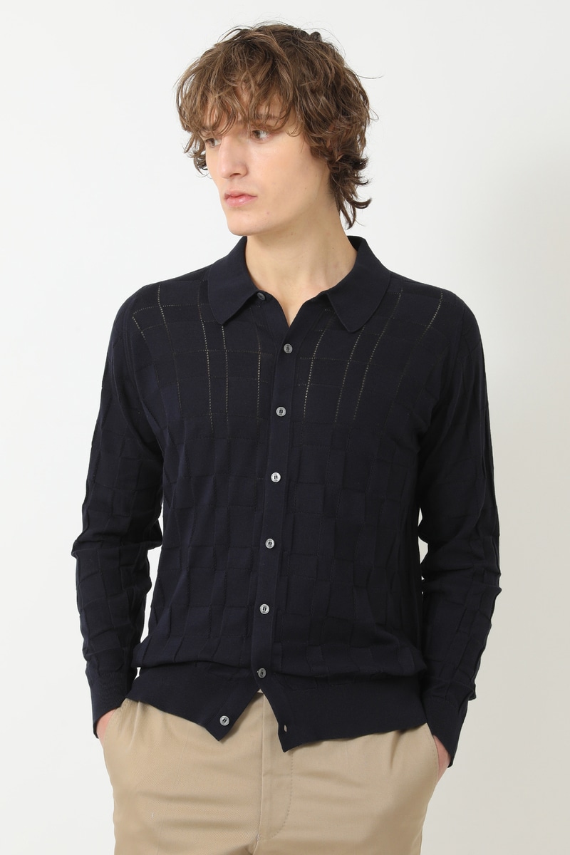 JOHN SMEDLEY FOR DAKSコットン アイレットチェック前開き長袖ニット 詳細画像 ネイビー